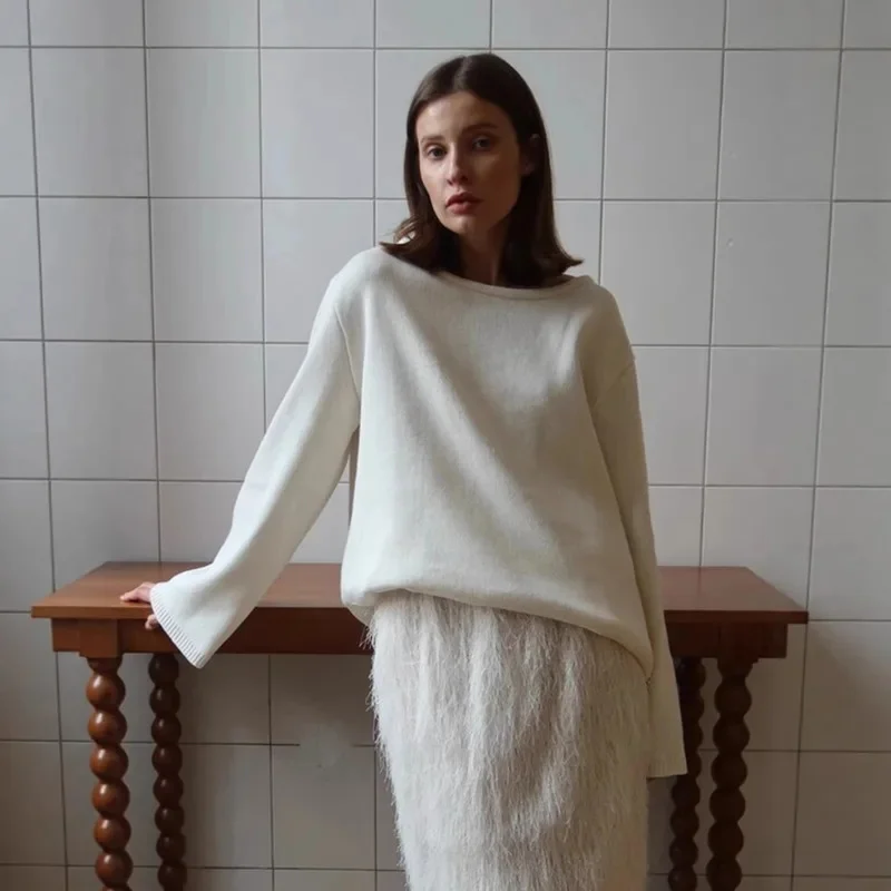 Trendy Backless Pullover Sweater For Women 2025 Fall Winter Loose Fit Knitwear New Long Sleeve Round Neck Casual Streetwear Look