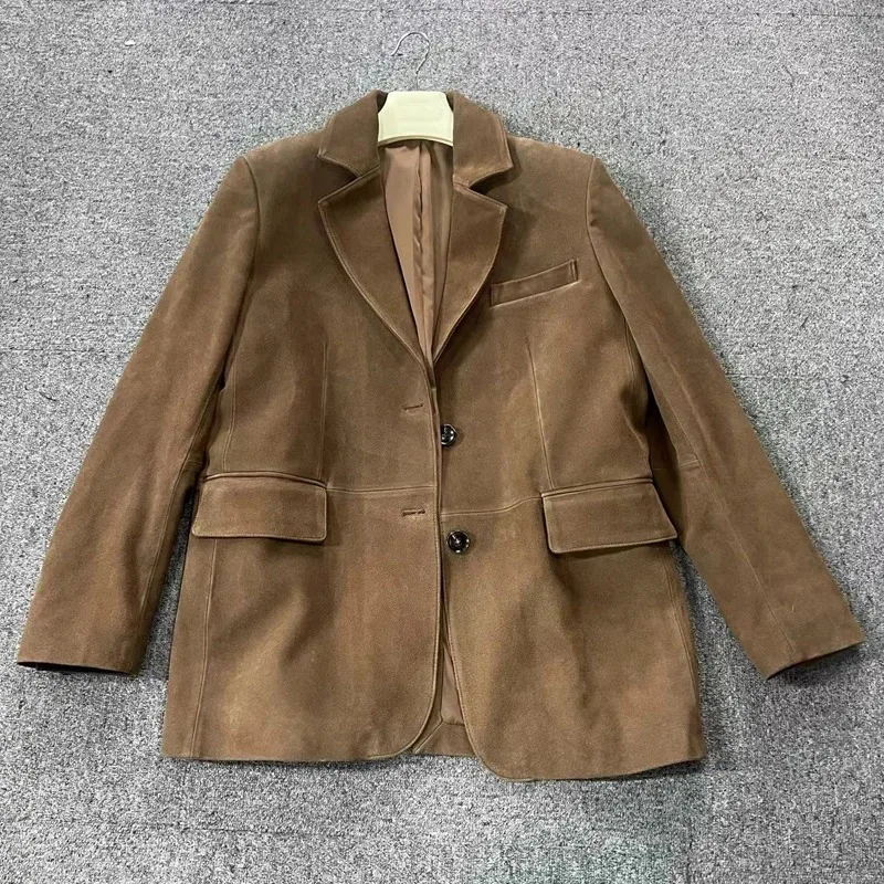 Cappotto da abito in pelle scamosciata retrò per bambini donna 2024 autunno inverno giacca in vera pelle scamosciata di mucca giacca oversize caffè vintage capispalla