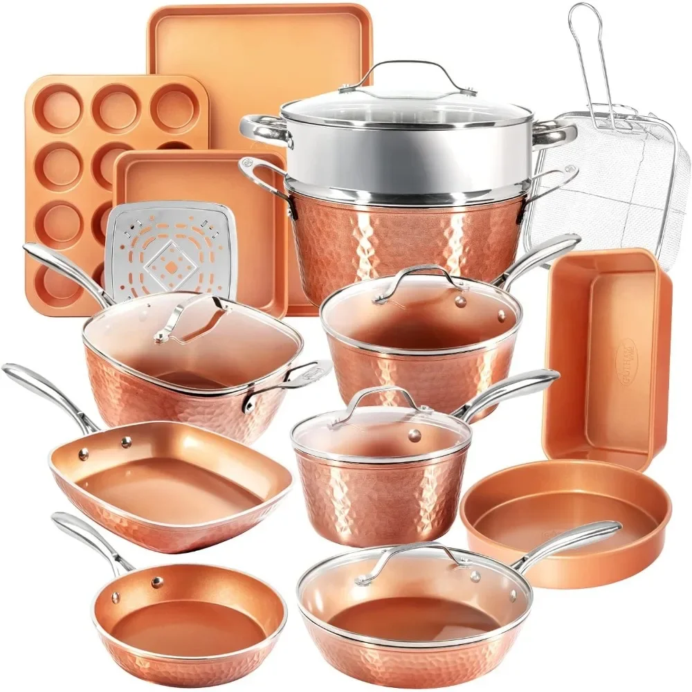 

Hammered Copper Collection – 20 Piece Premium Pots and Pans Set Nonstick Ceramic Cookware + Bakeware Set