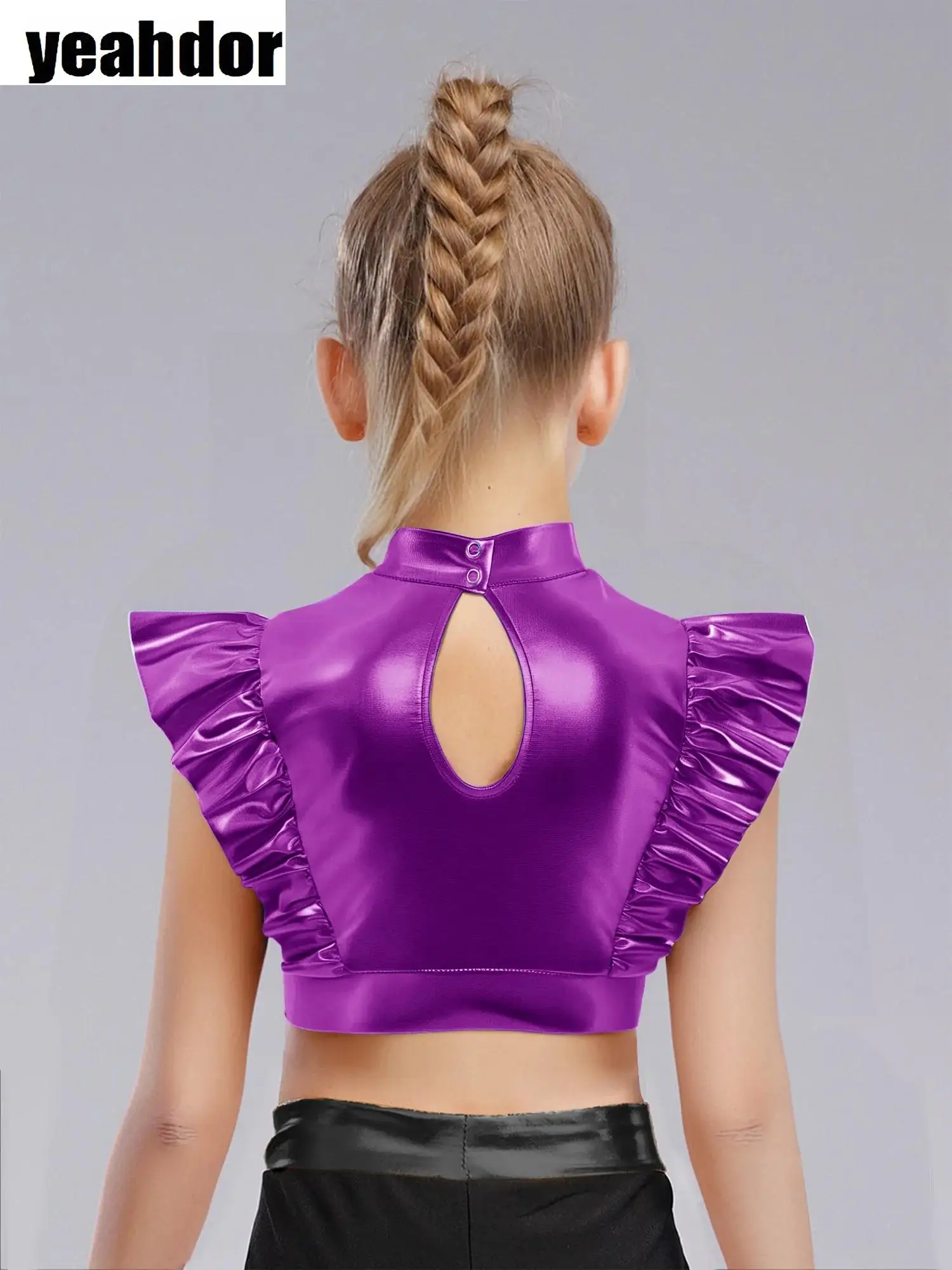 conjunto-de-hip-hop-para-meninas-roupas-de-danca-jazz-gola-simulada-malha-de-strass-sem-mangas-metalico-brilhante-top-curto-com-babados-e-calcas-cargo