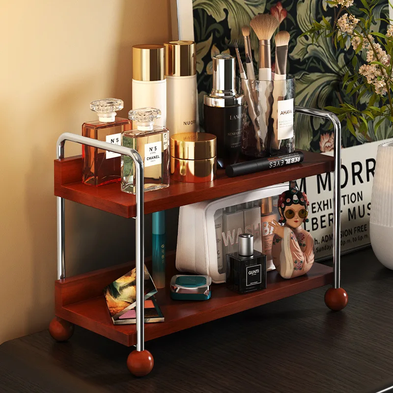 

Cosmetics Double Shelf Storage Desktop Premium Skin Care Products Solid Wood Storage Box Tabletop Storage Holders & Racks