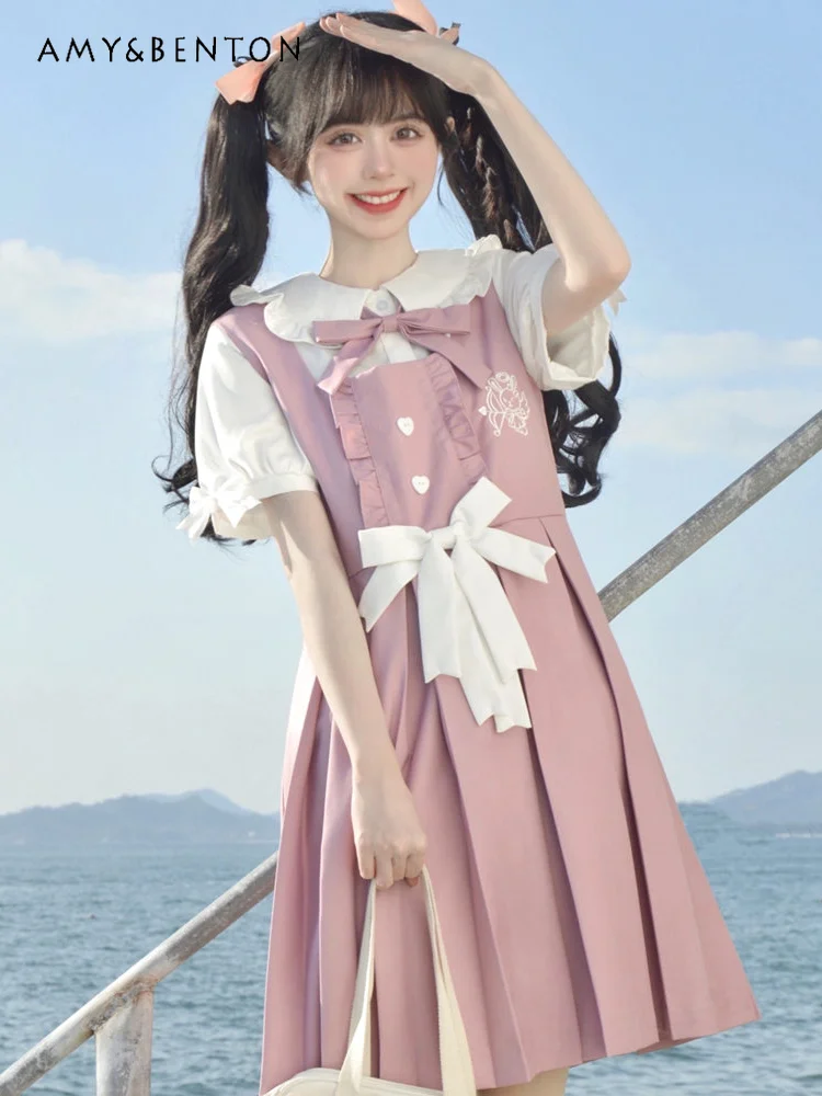 

Preppy Style Cute Bow Peter Pan Collar Short Sleeve Shirt Pleated Suspender Dress Two-Piece Set Japanese Kawaii JK Dress Sets