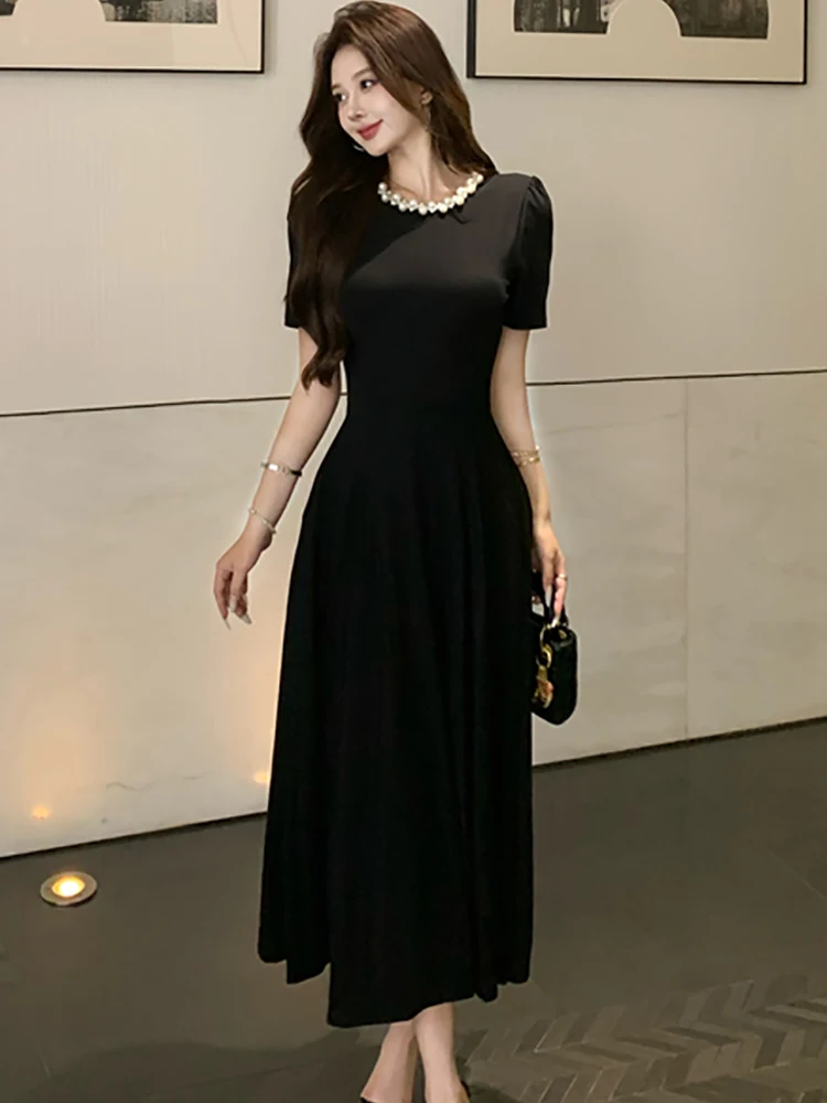 2025 Zwarte Korte Mouw Kralen O-hals Lange Jurk Vrouwen Vintage Hepburn Luxe Avondjurk Zomer Elegante Bodycon Feestjurk
