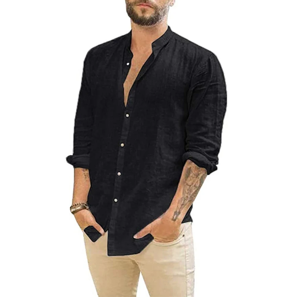 Cotton Linen Hot Sale Men\'s Long-Sleeved Shirts Summer Solid Color  Stand-Up Collar Casual Beach Style Plus Size