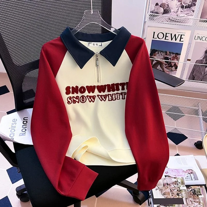 Autumn Women Half Zip Lapel Sweatshirt American Style Loose Contrast Color Letter Pullover Lazy Fashion High Grade Casual Tops