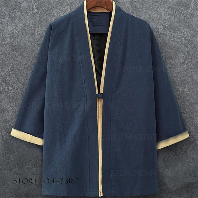 

Plus Size Men Kimono Cardigan Jacket Traditional Japanese Samurai Costume Harajuku Kimono Yukata Haori Gown Cotton Linen Shirt