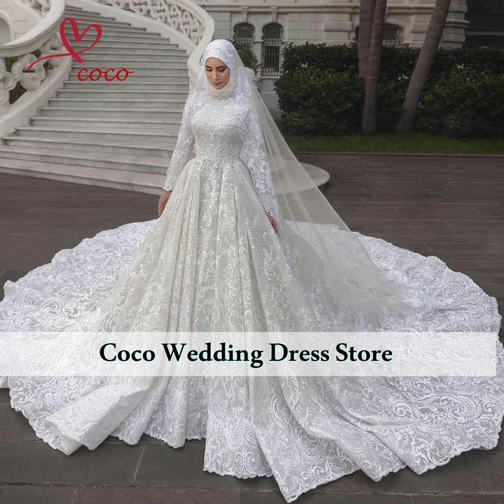 Aangepaste luxe moslim kant applicaties hoge hals trouwjurken lange mouwen met rechter trein tule bruidsjurken voor dames