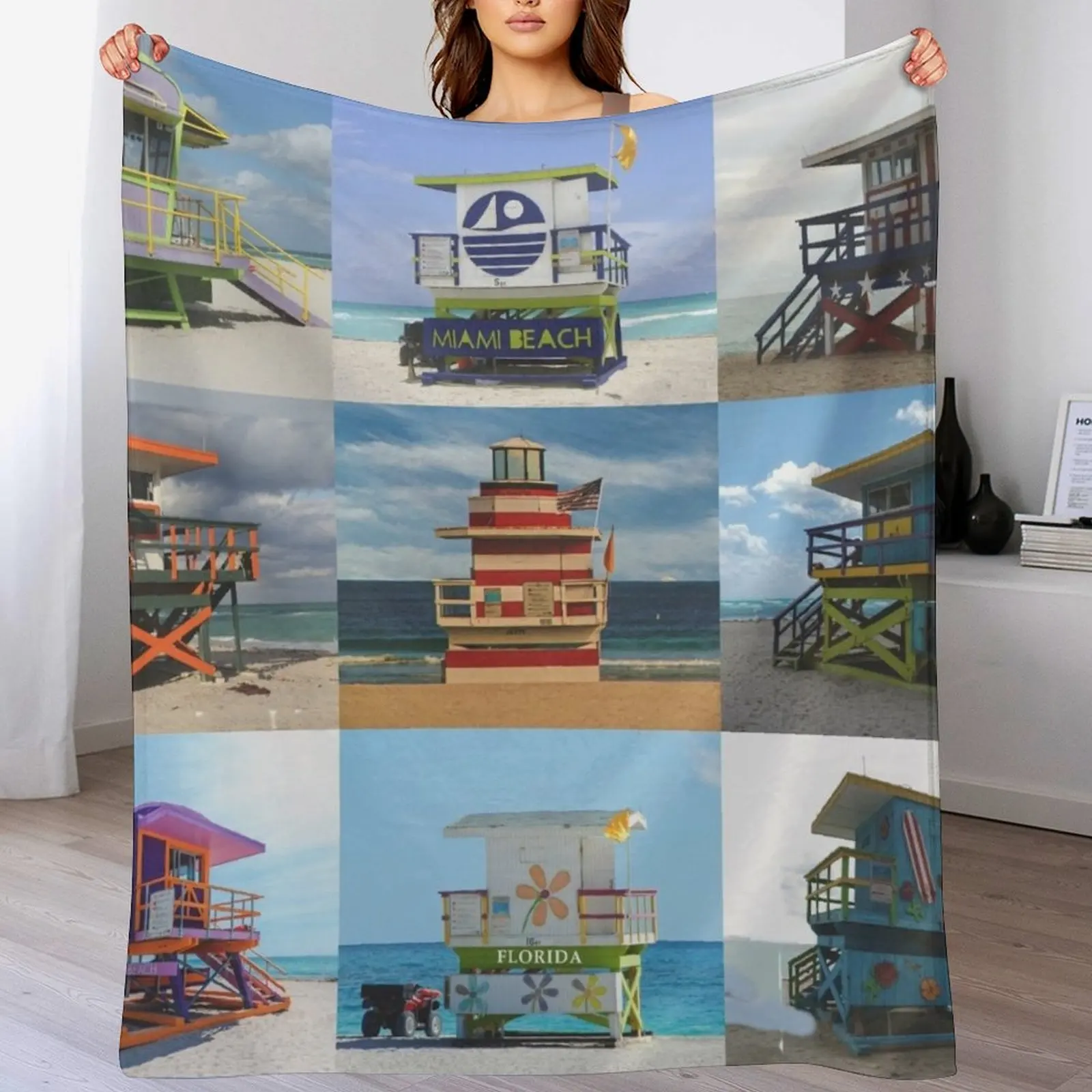 Miami Beach, Florida - Iconic Lifeguard Towers Throw Blanket Single Sofas For Decorative Sofa Blankets