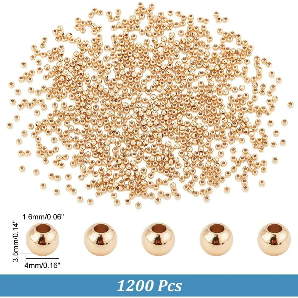 1200pcs 4mm 14K Gold Beads Round Spacer Beads Jewelry Beads Waist Bead Loose Bead Smooth Metal Brass for Bikini Belly