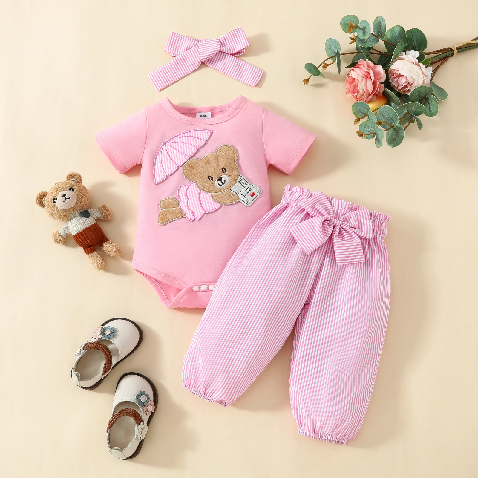 3 cs Summer Baby Girl Cute Embroidered Cartoon Bear Short Sleeve Dress Jacket Bow Stripe Pants + Hair Band Set Baby Casual Set