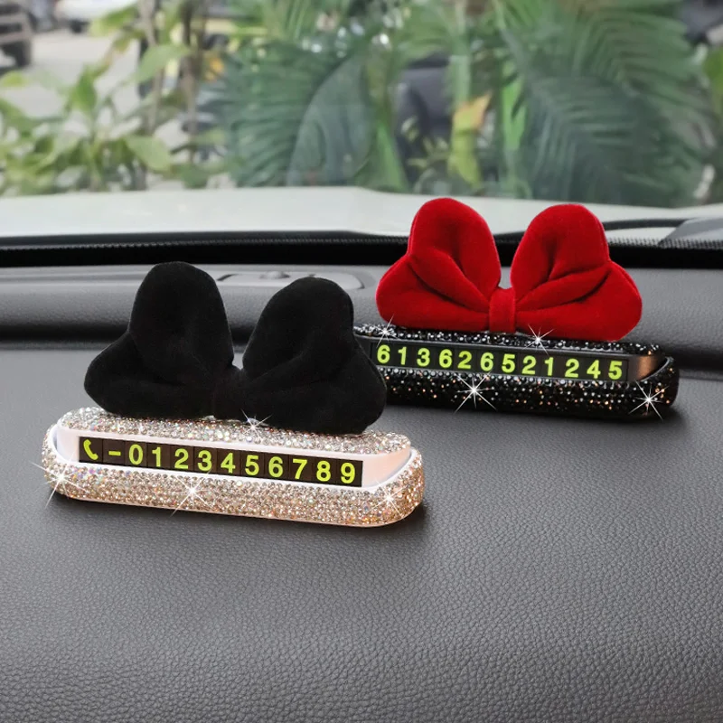 Creative Red Bowknot Car Temporary Parking Card Phone Number Card Plate Telephone Number Card Rhinestones Car Stickers Decro