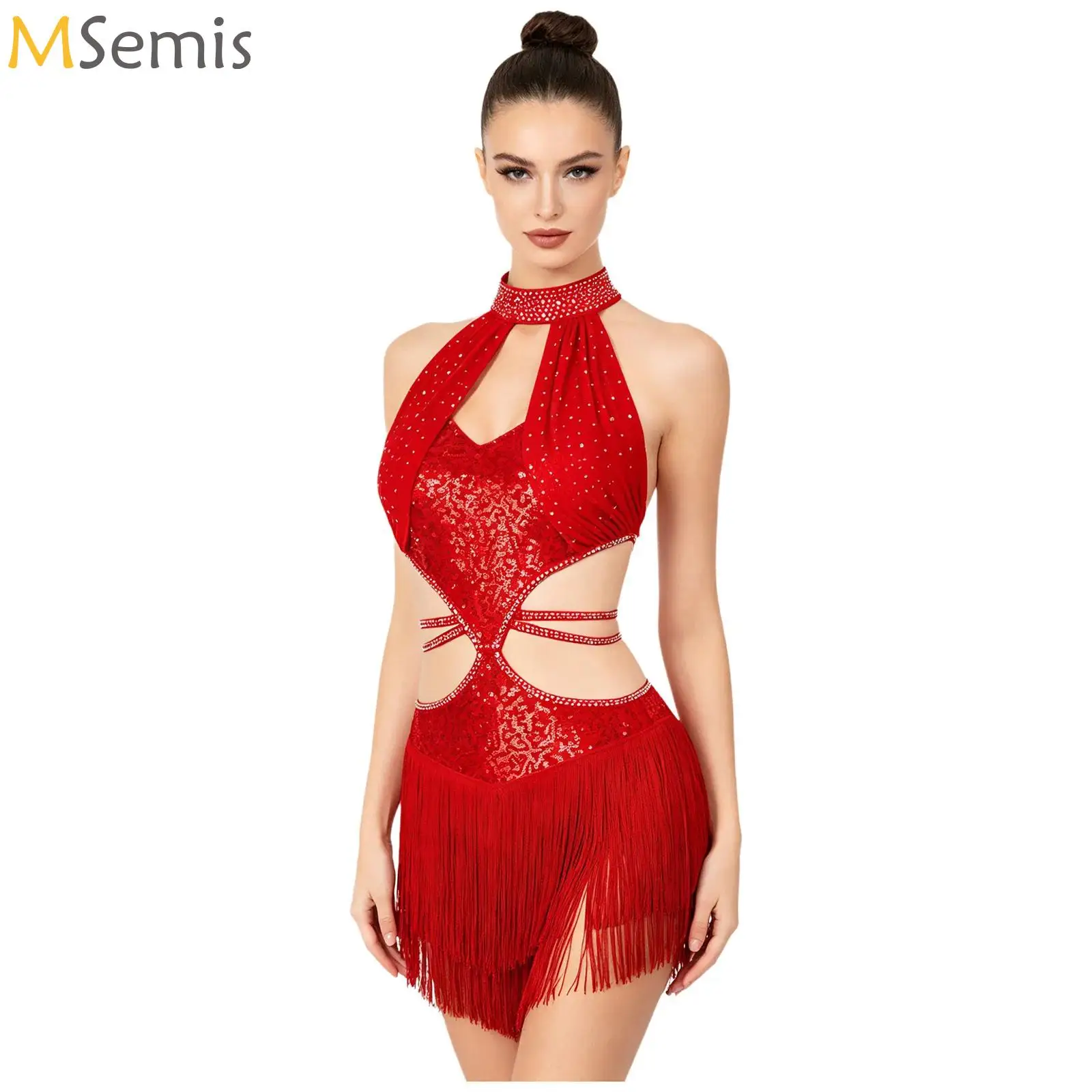 女性フィギュアスケートパフォーマンス衣装ラインストーンホルターノースリーブタッセルボディスーツタンゴラテンジャズダンスレオタード衣装