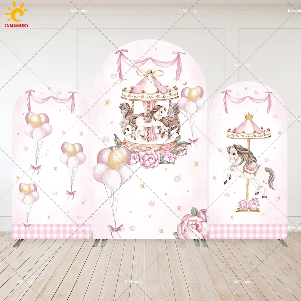 

Watercolor Pink Carousel Birthday Arched Wall Cover Pink Floral Bouquets Pony theme Girls Baby Shower Arch Backdrop Banner