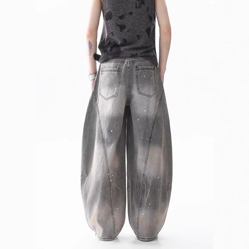 WTHT ファッションメンズグラデーションパッチワーク落書き古いデニムパンツヴィンテージハイウエストワイドレッグジーンズ男性 2025 夏 2A1110