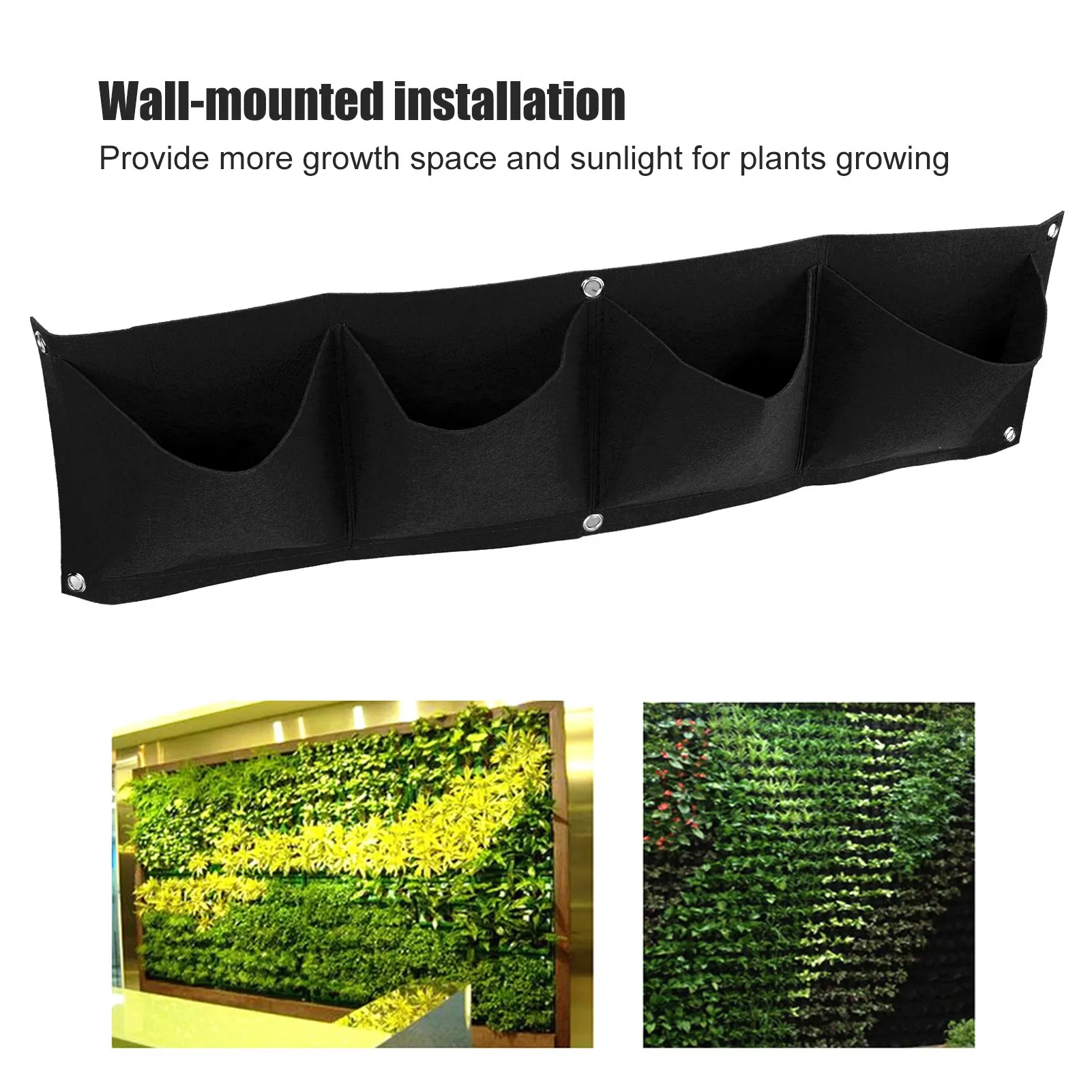 4Pcs 4 Pocket Plant Grow Bag Wall Mounted Reusable Degradable Felt Garden PlanterBlack