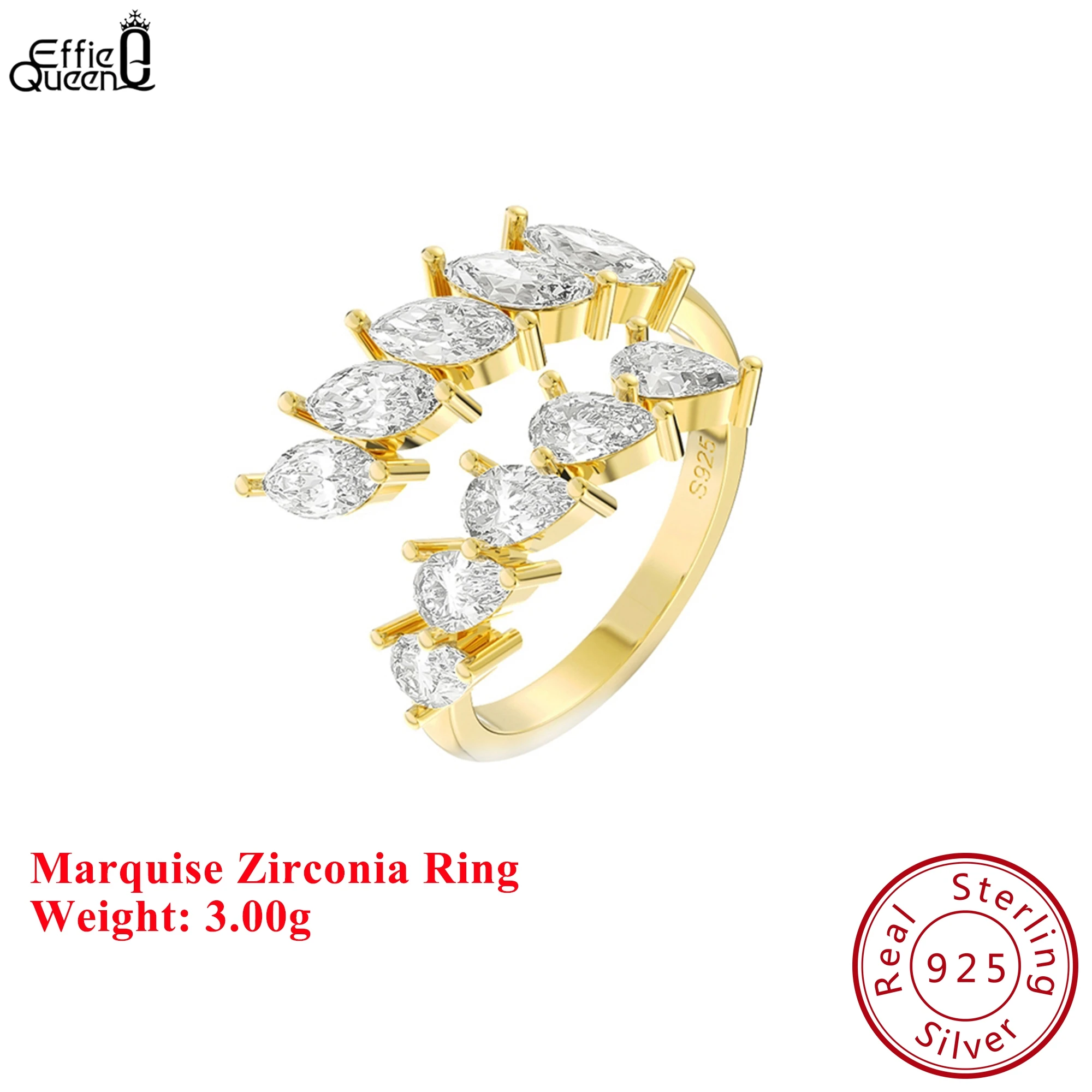 

Effie Queen 100% серебро S925, 14-каратное золото, кольцо с цирконием в форме маркизы, простые украшения для женщин и мужчин, свадебная вечеринка, банкет SR306