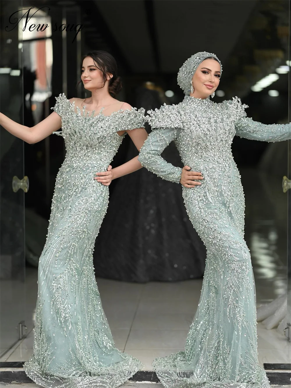 2 Stile Mintgrüne Perlen Abendkleider Arabische Kristalle Meerjungfrau Formelles Anlasskleid Hochzeitsfeier Empfangskleider Maßgeschneidert