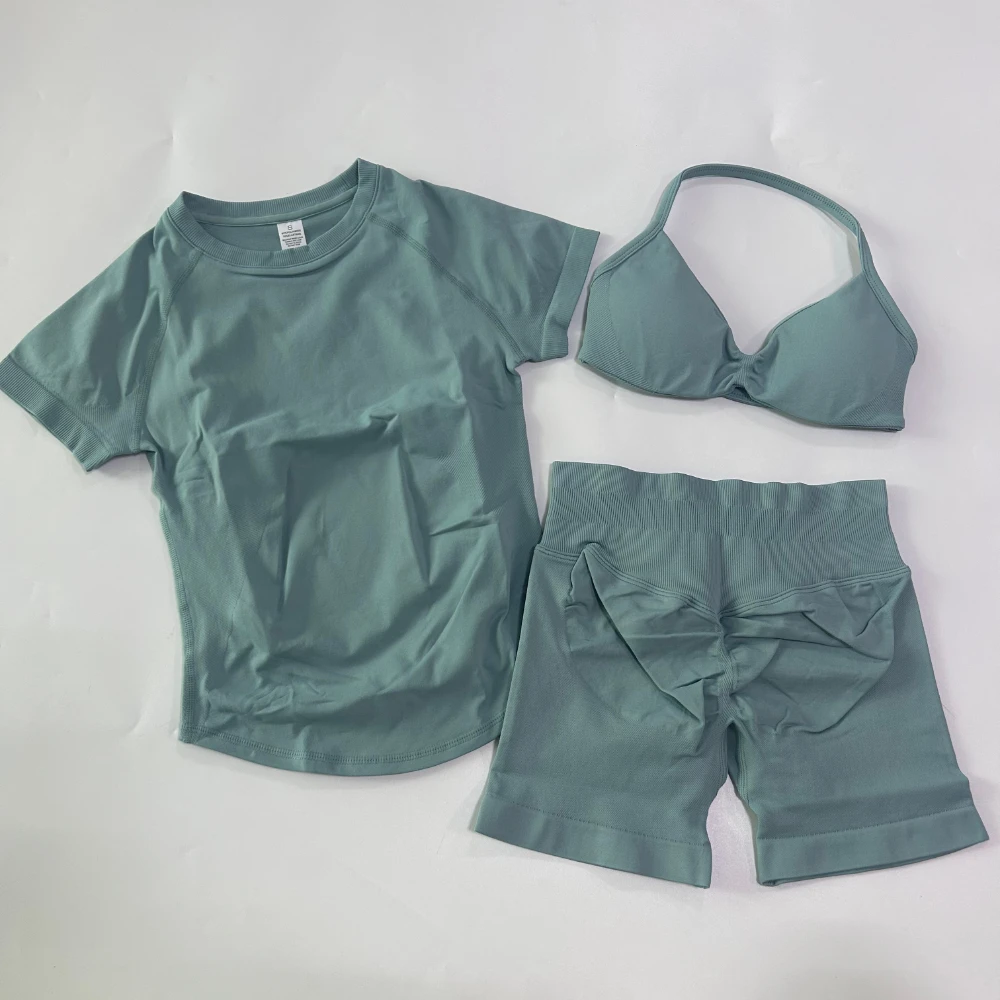3-teiliges Workout-Set für Damen: Sport-BH mit Trägern + Sport-Top mit langen Ärmeln + Yoga-Shorts, Sportanzug, Yoga-Kleidung, Fitness-Outfit – Detail 12