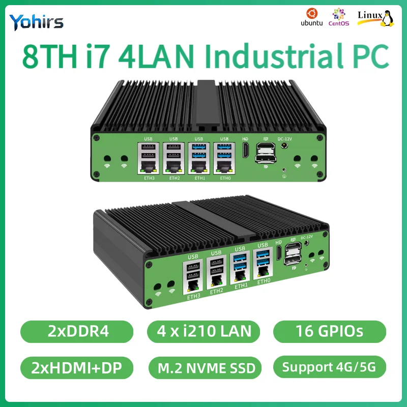 Yohirs Fanless Industrial Intel Core i7-8550U i5-8250U DDR4 4LAN i210 2COM RS232 GPIO 2xHD DP Mini PC Linux TPM2.0 Power Gateway
