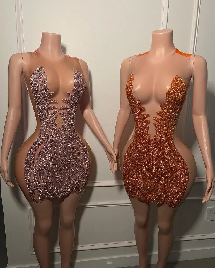 Rose Gold Orange Mini Cocktail Evening Dresses 2024 Sparkly Crystal Sheer Mesh Birthday Party Gown abito da cerimonia black girl