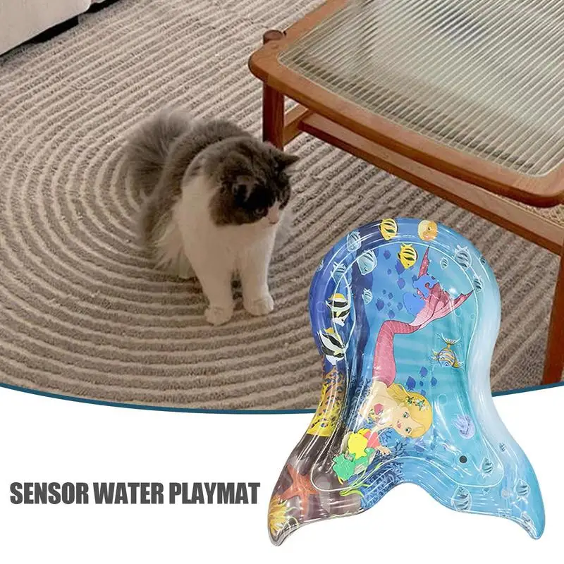 Alfombra de juguete sensorial de agua, juguete interactivo para gatos, almohadilla de agua, juguetes sensoriales, centro de juegos de actividades con forma de cola de pez para niños y niñas tempranas