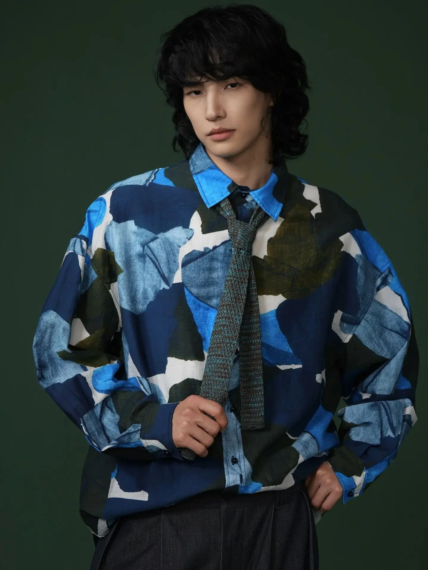 Blue lyocell retro Japanese-style versatile Hawaiian port style loose men's Baroque long-sleeved floral shirt