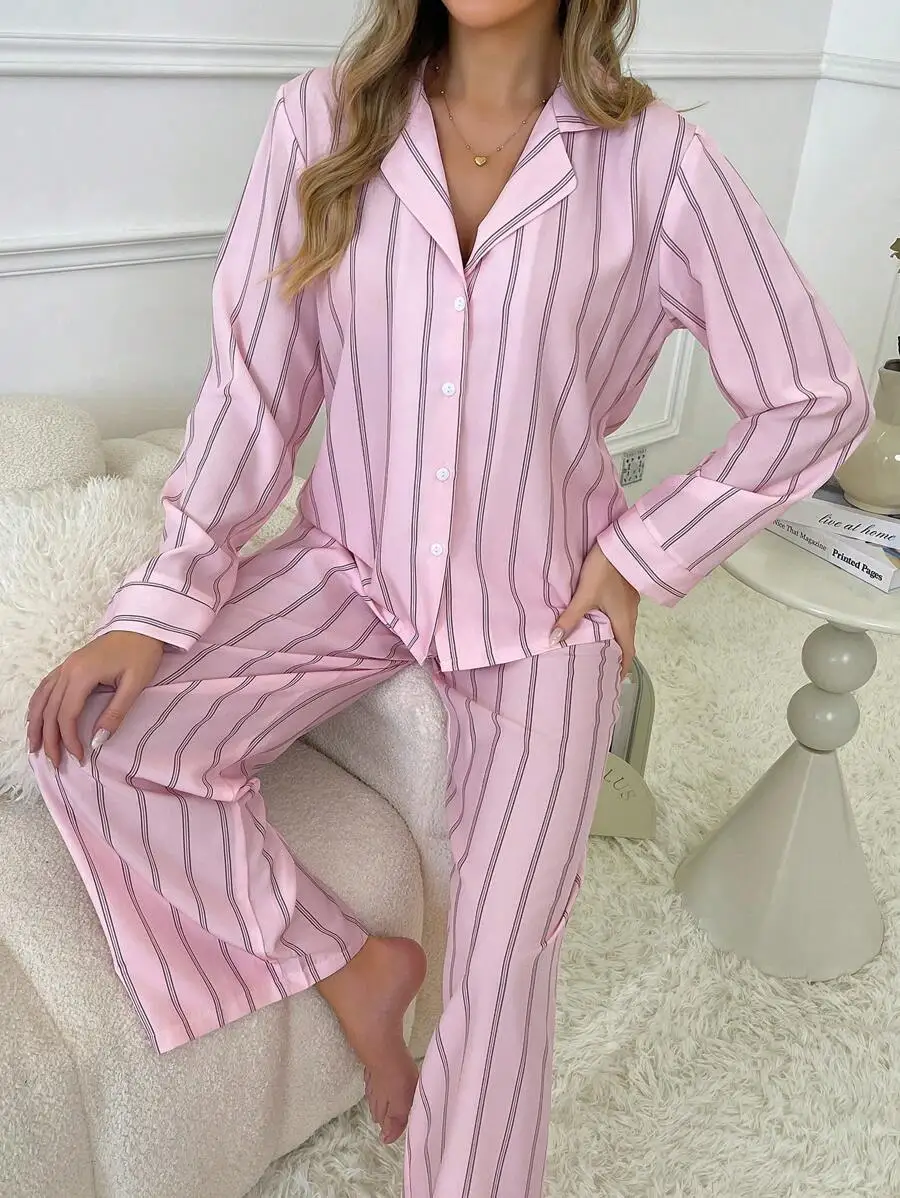

Women Loose Comfortable Breathable Striped Long Sleeve Sleep Top And Pants Lounge Set