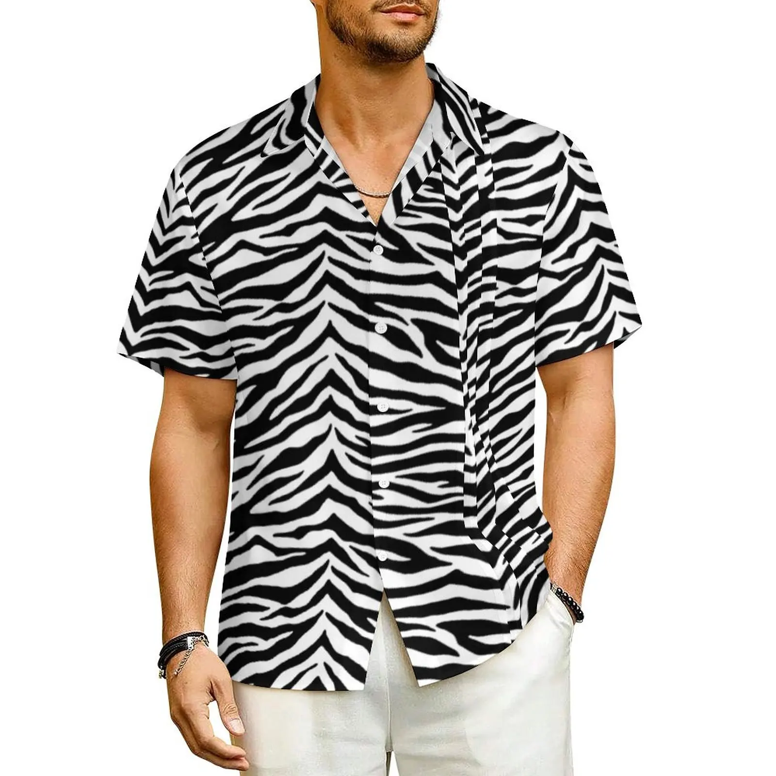 

Zebra Print Beach Shirt Male Animal Stripes Vintage Casual Shirts Hawaiian Short Sleeve Y2K Funny Oversized Blouses Gift Idea