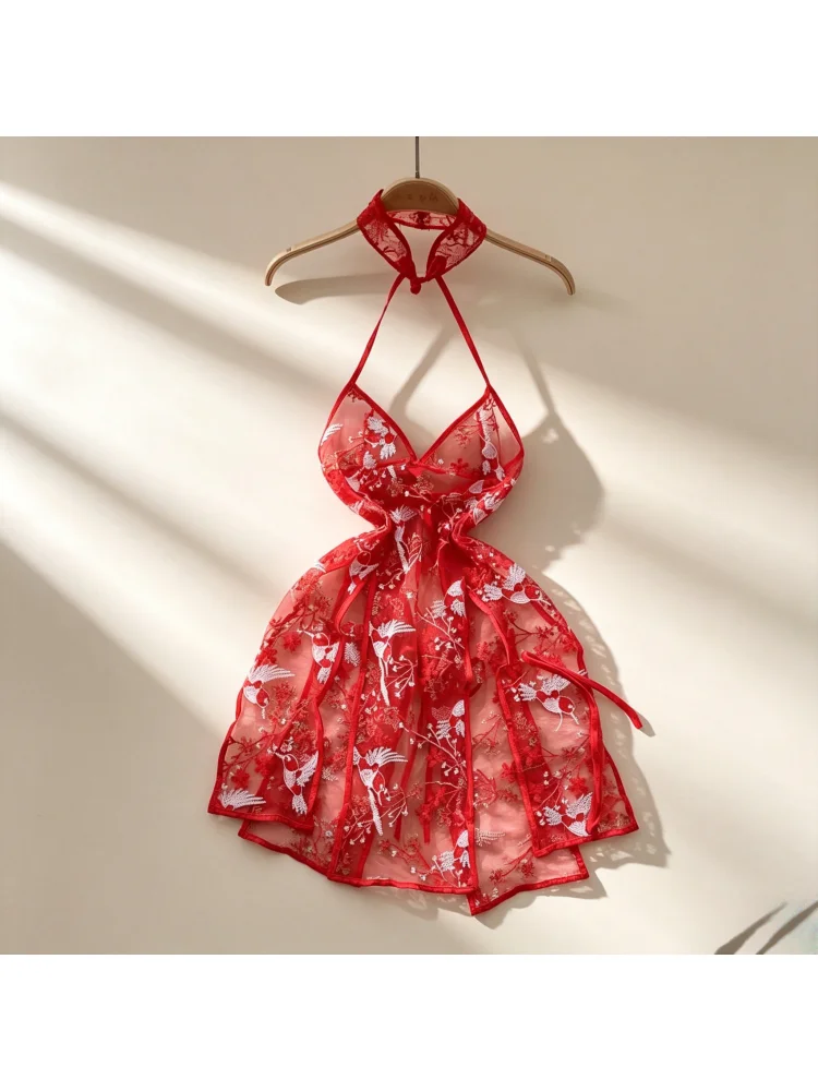 Halter-Kleid mit Kreuzriemen, Vogel-Stickerei, Mesh-Spitze, Patchwork, Schlitz, Unregelmäßig, Sexy, Ärmellos, Rückenfrei, Kurzes Kleid, Chic – Detail 6