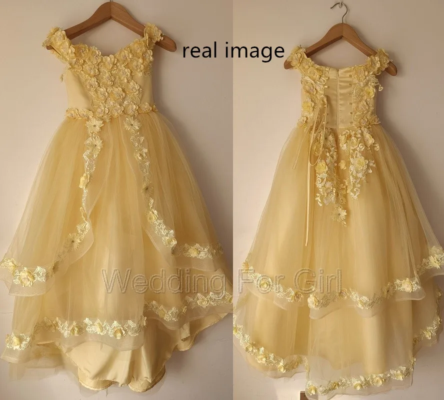 Robe à fleurs jaunes pour filles, avec des Appliques en dentelle, Corset au dos, robe de bal d'anniversaire, robe de première Communion