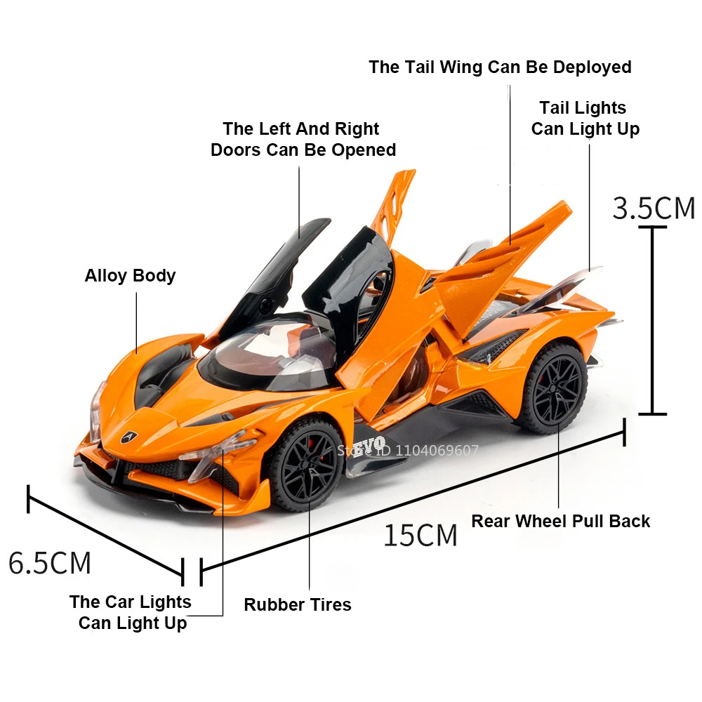 1:32 Scale Apollo EVO Car Toy Models Alloy Diecast Sports Cars Pull Back Sound Light 2 Doors Opened Racing Vehicles Gift for Kid