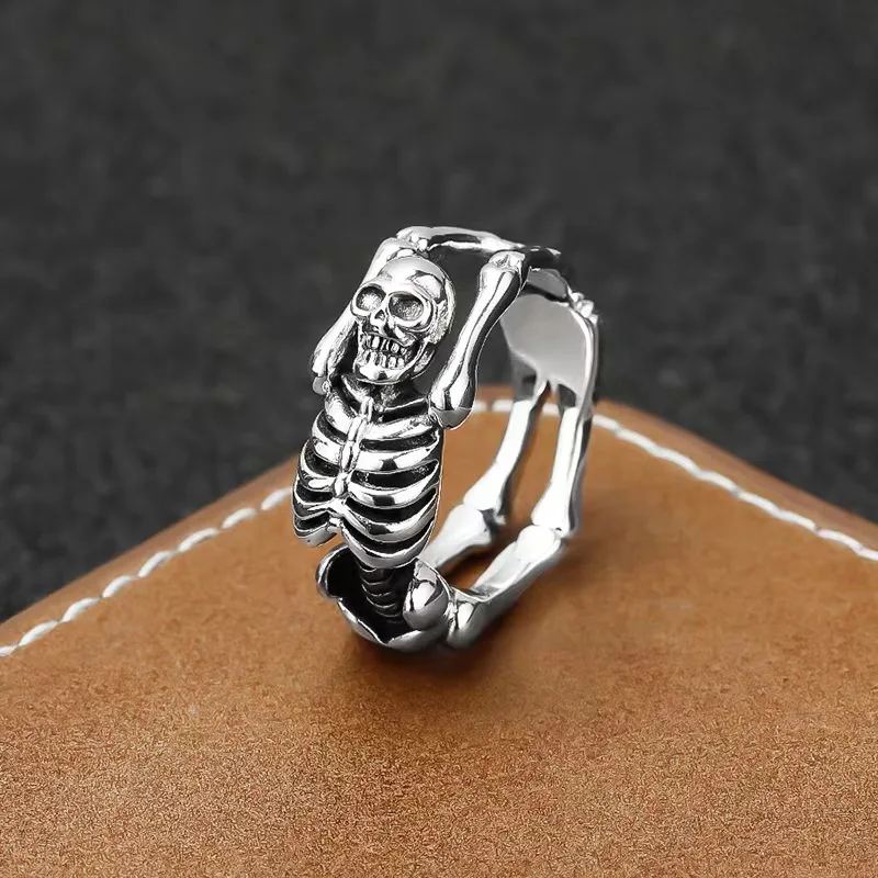 

S925 Sterling Silver Flip Back Skeleton Bone Ring For Men And Women Personalized Retro Open Ring Dark Black Hip Hop Trend