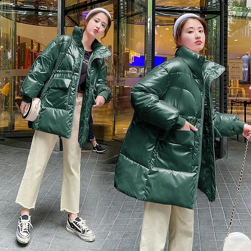 2024 New Women Winter Down Padded Jacket Female Glossy Jacket Korean Loose Hooded Cotton Coat Fashion Winter Warm Thicken Parkas