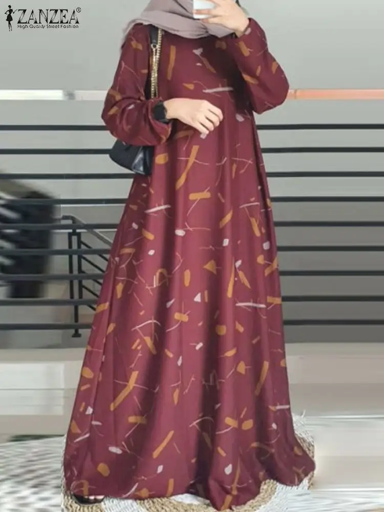 ZANZEA-Robe Hijab Musulmane pour Femme, Manches sulf, Imprimé Floral, Maxi, Éducatif, Turquie, Abaya, Ramadan, Islam, Robe d'été, Mode 2024