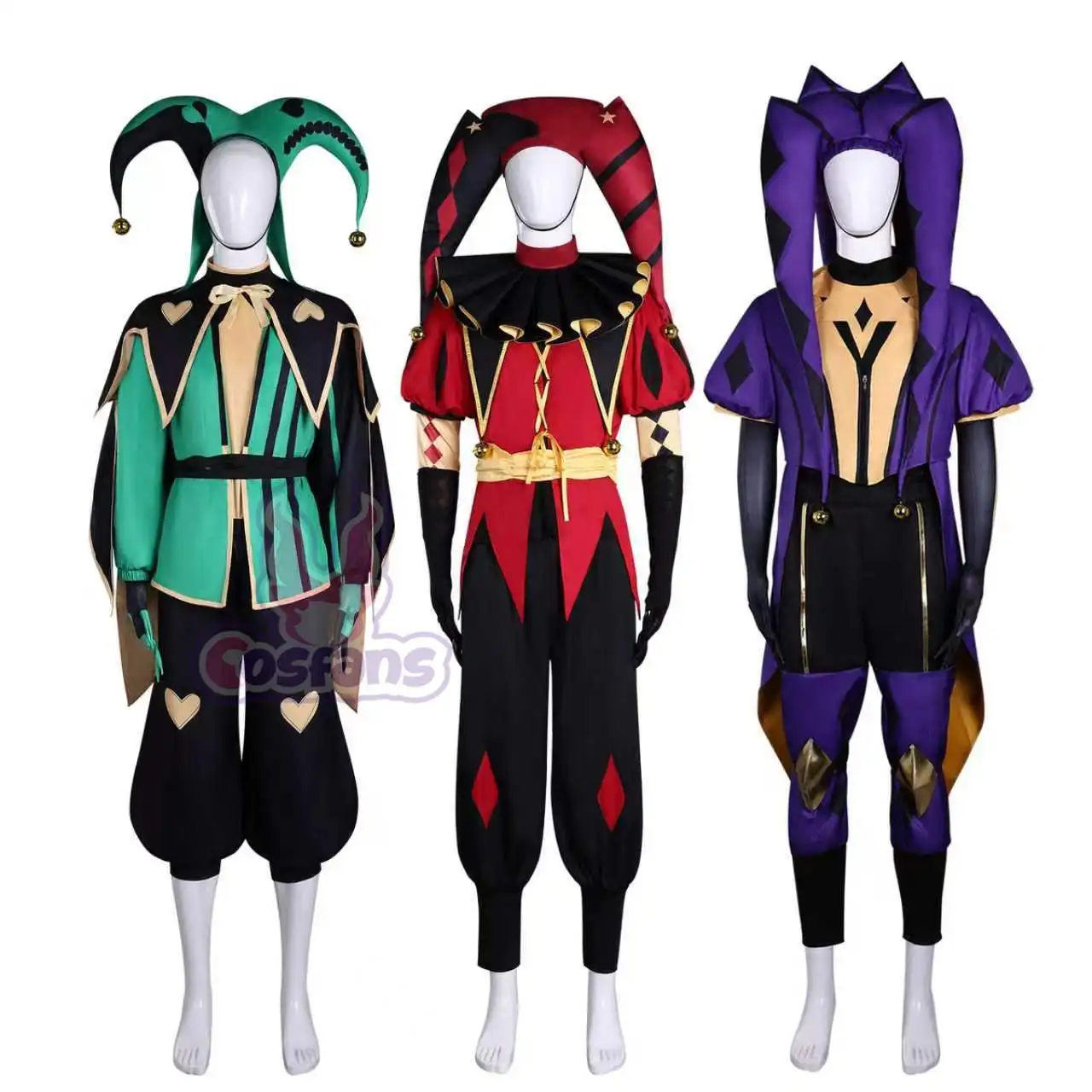 The Freak Circus Pierrot Jester Harlequin Cosplay Costume Clown Purple Red Green Uniform Hat Man Woman Halloween Christmas Suit view 2