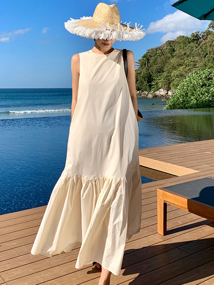 

Elegant Sleeveless Holiday Boho Dress Women 2024 Summer Fashion O-Neck Sexy Backless Casual Beach Ruffles Long Dress