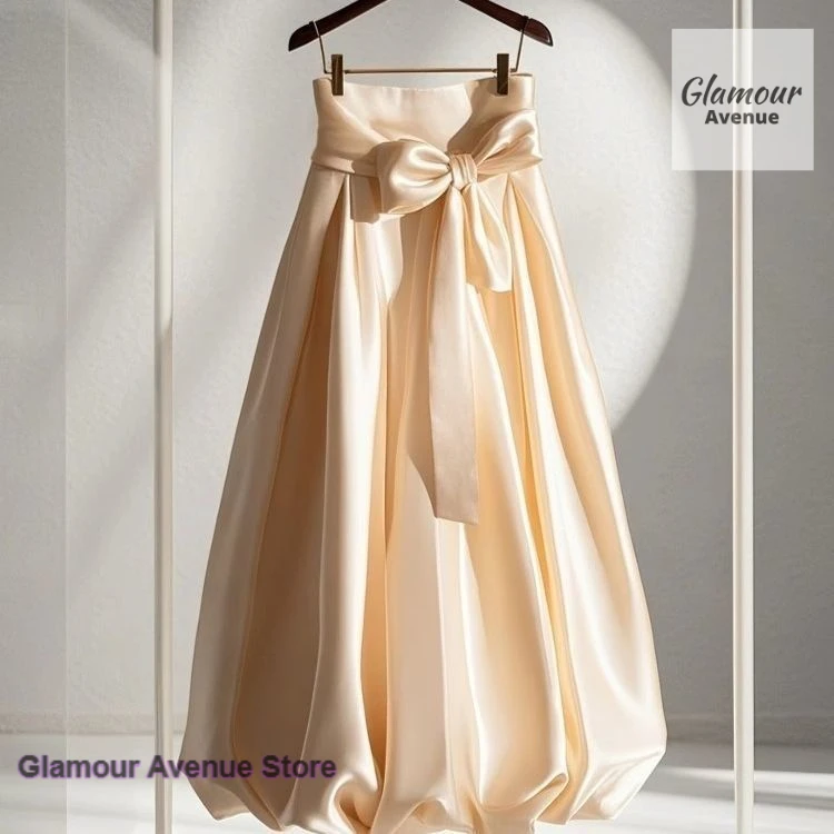 French style temperament small fragrant bow skirt female spring and summer solid color loose Joker casual flower bud skirt