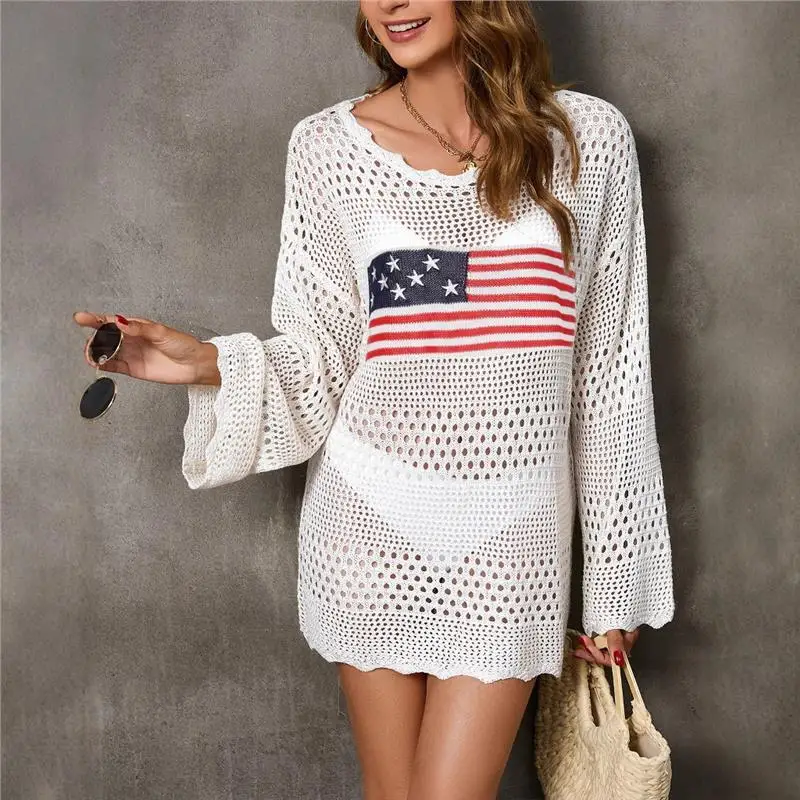 Faionable round Ne Flag Pattern Easter Independent Day Women's Cover up Sweater Thin Long Sve Triacetate Fiber