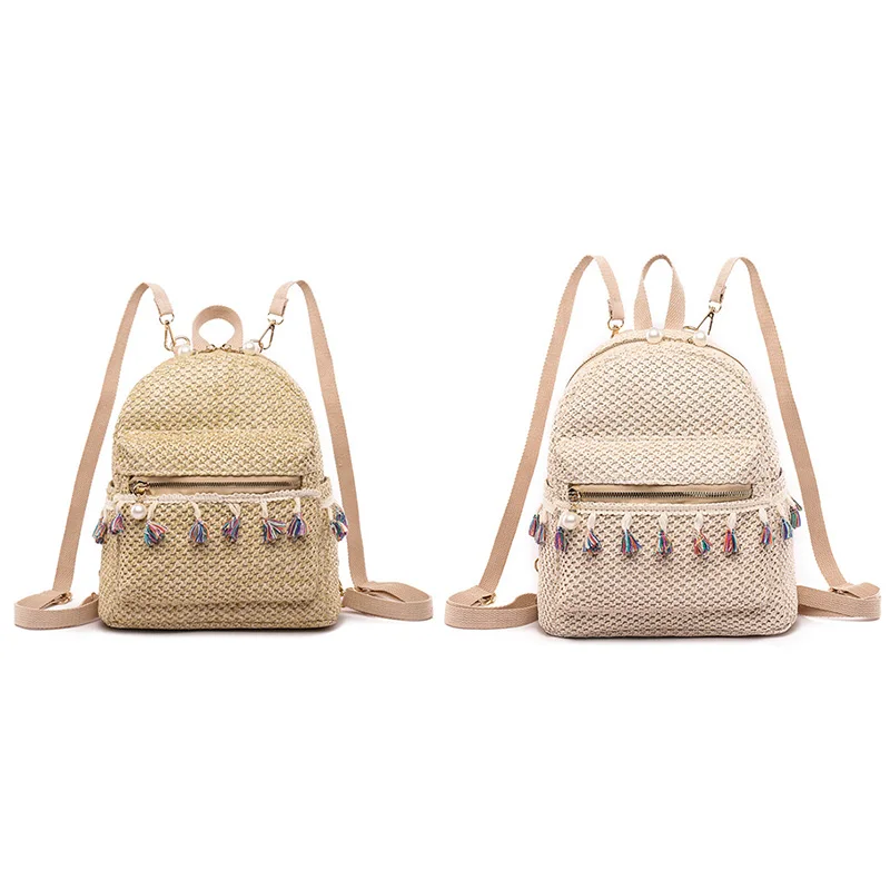 

Women Backpack Teen Girls Summer Beach Straw Weave Tassel Backpackk Female Casual Shoulder School Bag