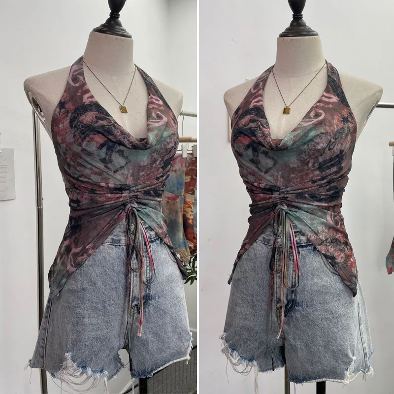 

2024 New Mesh Tie Dye Top Women Swing Neck Drawstring Tie Cami Tank Female Clothing Sleeveless Summer Holiday Streetwear