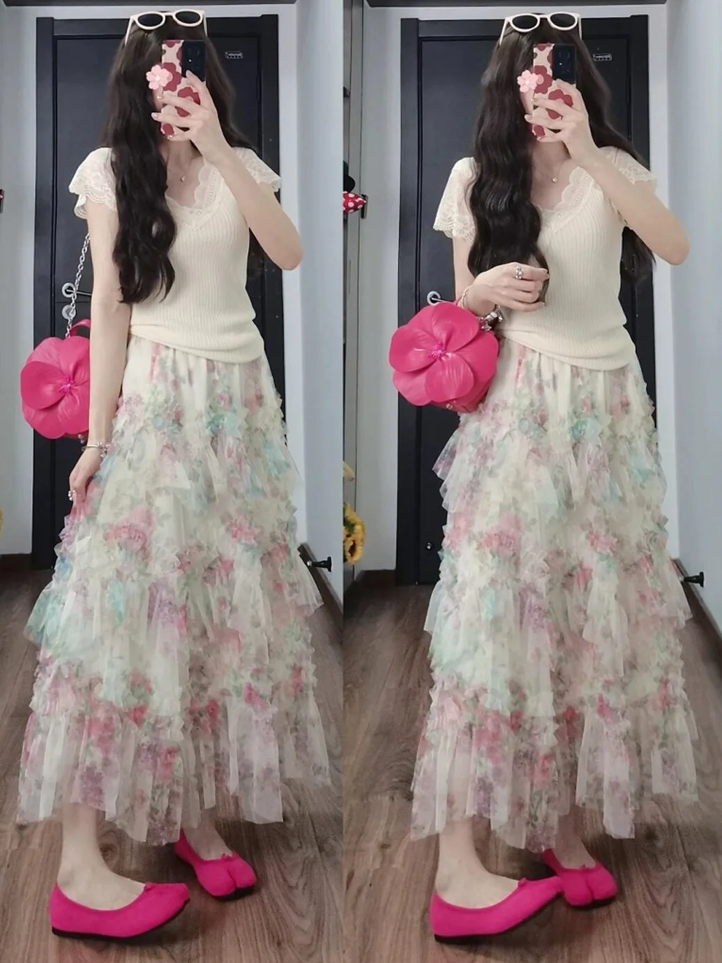 

Летний модный комплект для полных женщин: кружевной топ и юбка с цветочным принтом. Очаровательный, омолаживающий, красивый ансамбль для пышных дам.