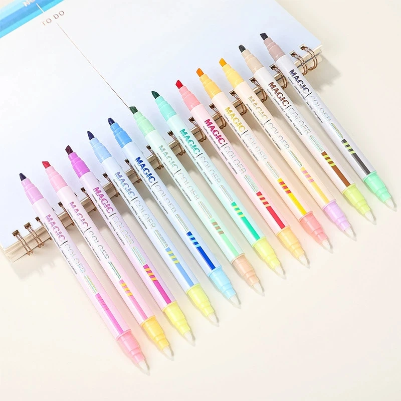 

12Pcs/Set Double Tips Magic Highlighter Pen Markers Pastel Drawing Pen for Student School Office Supplies Cute Stationery
