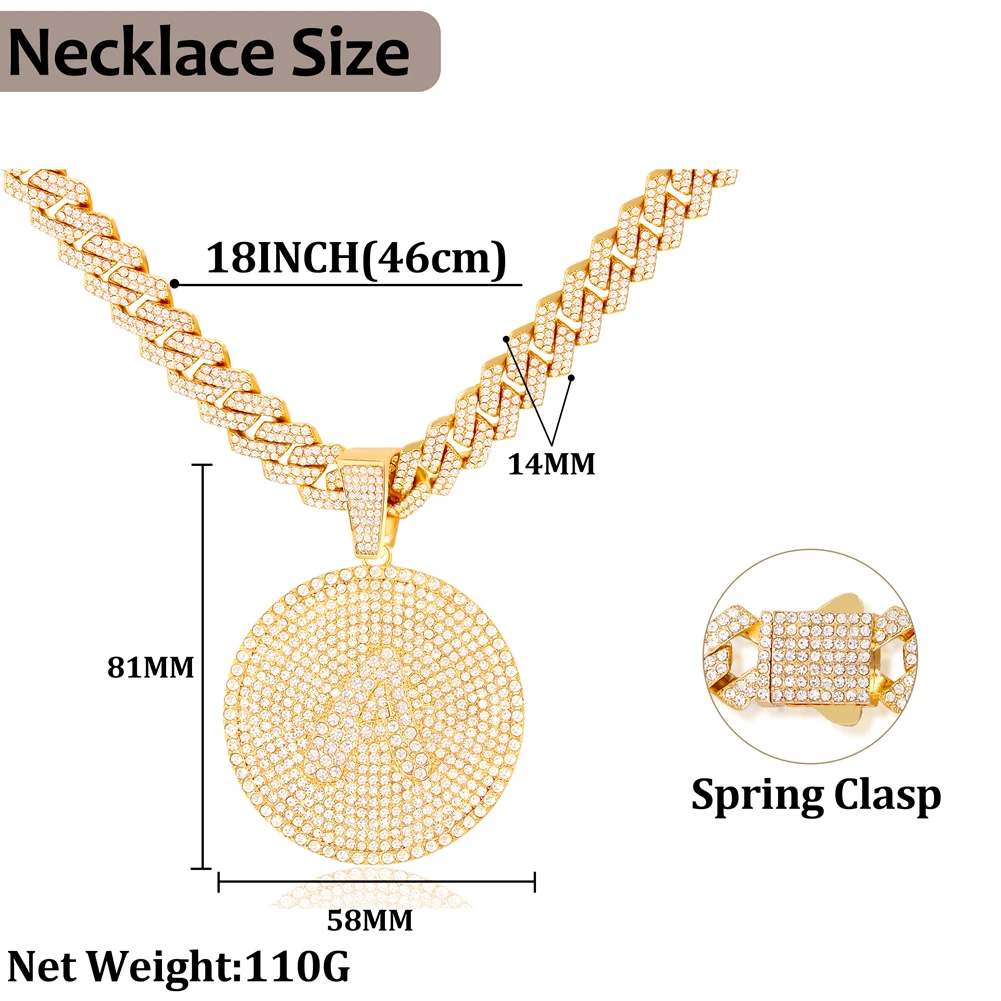 Hip-Hop Cuban Link Kette mit Rundem Buchstabenanhänger für Männer und Frauen, Vereiste Strass 14MM Miami Kette, Unisex Schmuck – Detail 1