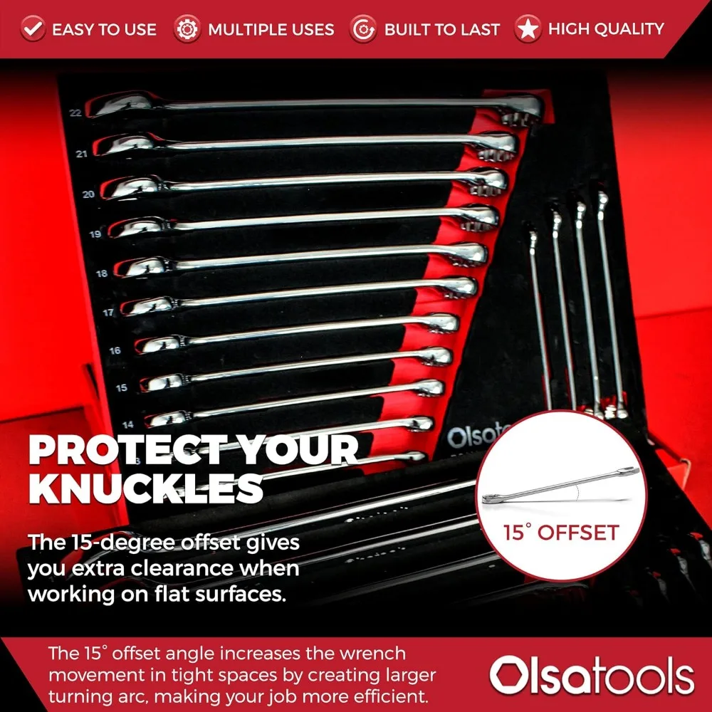 Set di chiavi combinate metriche da 15 pezzi, dimensioni 8-22 mm, infrangibili, acciaio al cromo vanadio, policarbonato