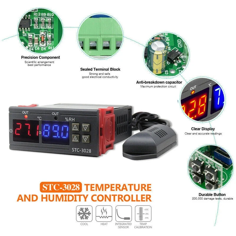 STC-3028 Digital Temperature Humidity Meter 10A Thermostat Dual Display Hygrometer Controller