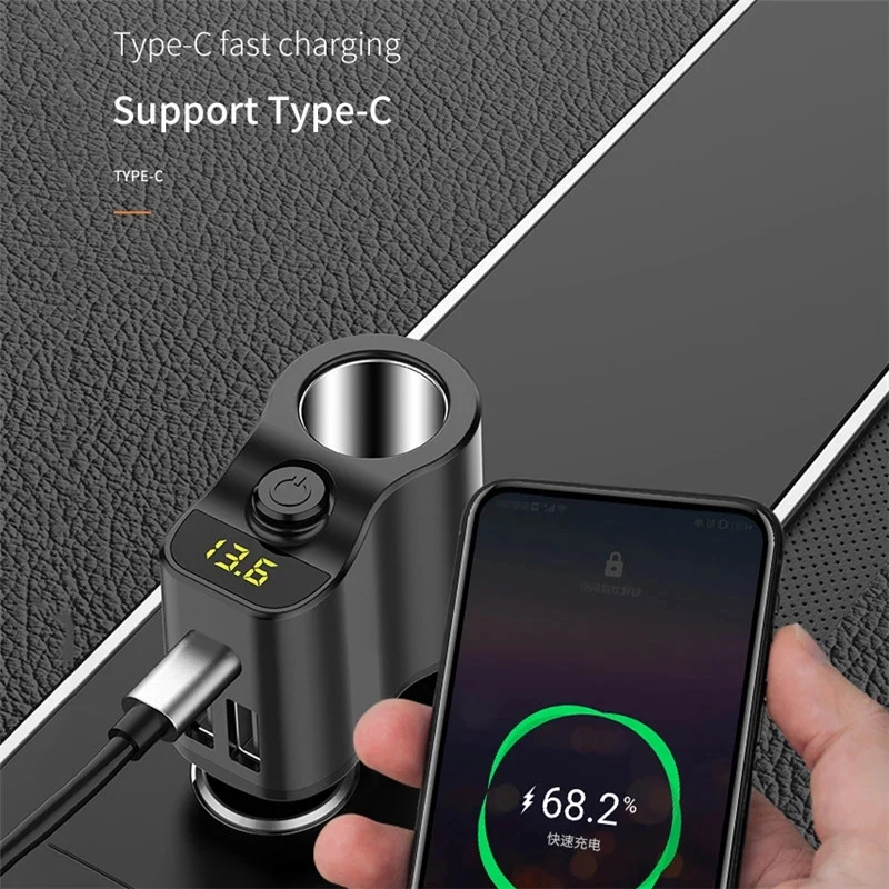 Car Charger Power Adapter Dual USB 3.0 with Type-C Fast Charge Charger with Cigarette- Lighter with LED Display