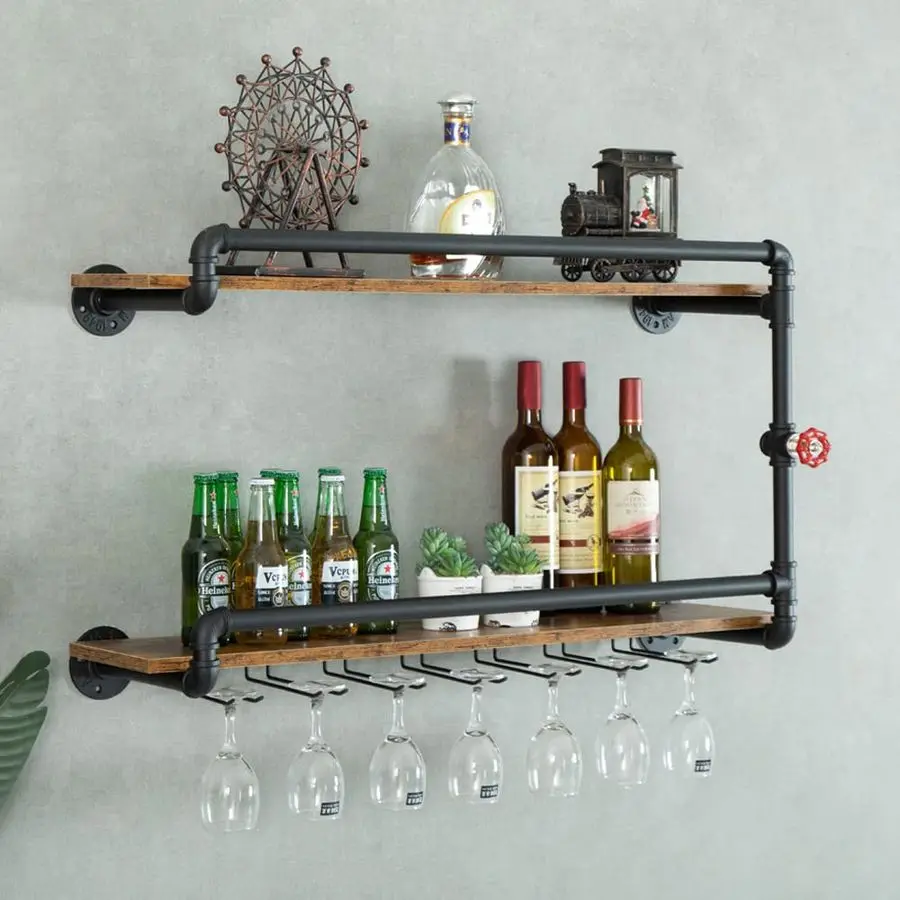 

Rack Wall Mounted 2 Tier, Hanging Floating Bar Liquor Shelves with Glass Holder Storage Under, Industrial Rustic Pipe Farmhouse