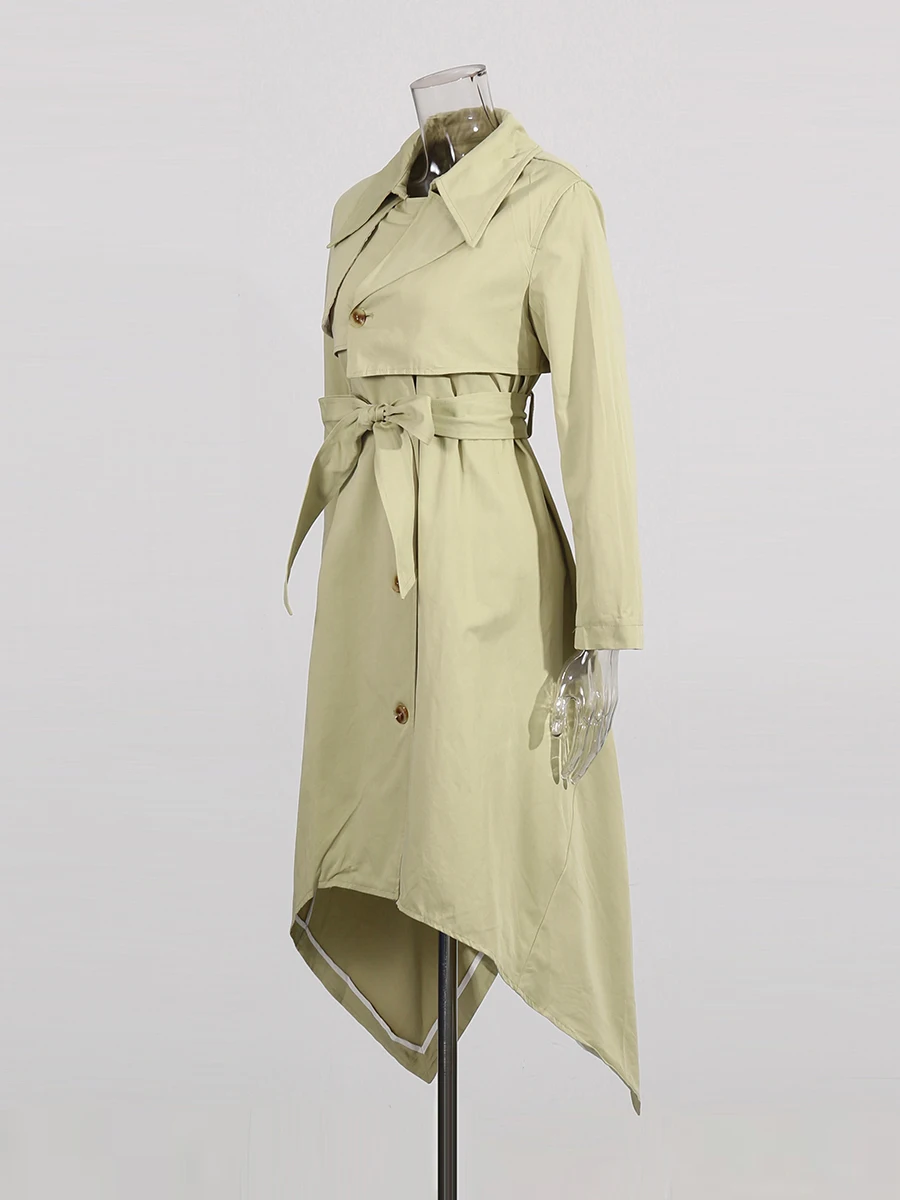 TWOTWINSTYLE 여성용 단색 캐주얼 스플라이스 레이스업 트렌치, 라펠 긴팔, 하이웨이스트 패치워크 단추, 비대칭 여성 신제품