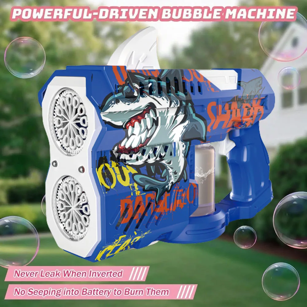 Zabawka dla dzieci i dorosłych, świecący pistolet do bąbelków w kształcie rekina, elektrycznie spustowana dysza do pistoletu do bąbelków, niezbędna zabawka do zabawy na świeżym powietrzu, bąbel