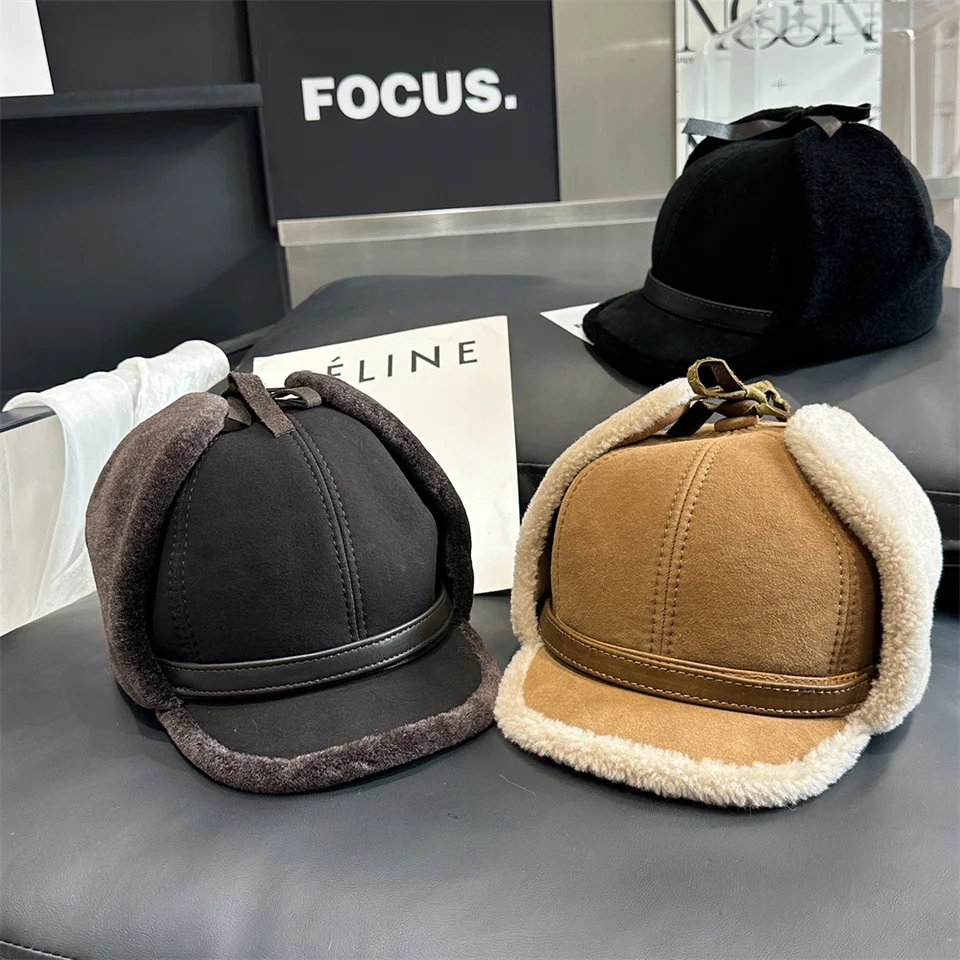 Neue Winter Herren Echtleder-Mütze mit Lammfell, Warme Dicke Ohrenklappe, Herren-Baseballkappe aus Schafsfell, Russische Mütze – Detail 1